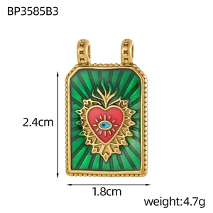 Vintage Baroque square pendant with green enamel heart and evil eye in gold finish