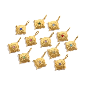 Set of 12 gold plated square pendants with colorful gemstones and star engraving