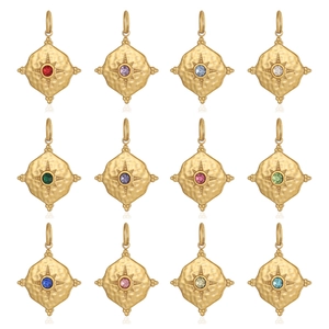 Vintage Stainless Steel Birthstone Pendant Hammered Rhombus Star Charms With Rhinestone For DIY Jewelry Necklace Making Women