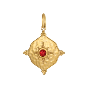 Gold plated stainless steel star pendant with red gemstone and hammered texture