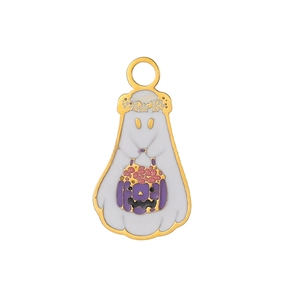 White enamel ghost pendant with purple pumpkin basket for Halloween jewelry making