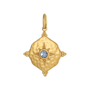 Gold plated geometric rhombus pendant with blue zircon and hammered vintage finish