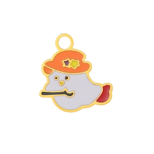 Cartoon ghost pendant with orange witch hat and white enamel in gold plating
