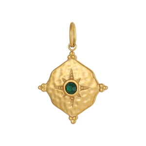 Detailed view of gold plated geometric charm with green stone and hammered metal texture