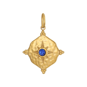 Gold stainless steel geometric pendant with blue center stone and hammered texture