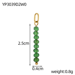 Detail view of 2.5cm green beaded charm with golden metal ring and 8 faceted beads