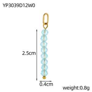 Detailed size view of light blue beaded pendant showing 2.5cm length and golden metal loop