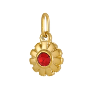 Pendentif fleur de tournesol en acier doré avec une pierre précieuse rouge à facettes
