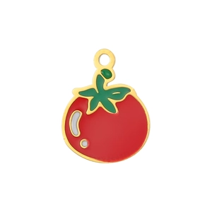 DIY red tomato enamel fruit pendant charm with gold metal finish on white background