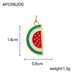 Detailed view of enamel watermelon charm with size dimensions 1.4cm by 0.8cm and 1.3g weight