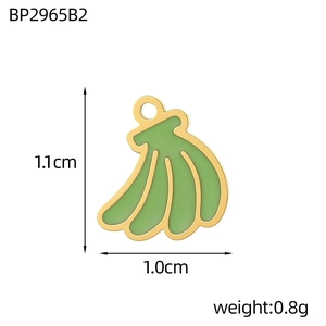 Detailed view of green enamel banana pendant with dimensions 1.1cm by 1.0cm