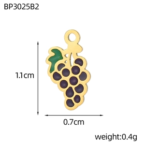 Detail view of purple enamel grape pendant with 1.1cm height and 0.7cm width dimensions