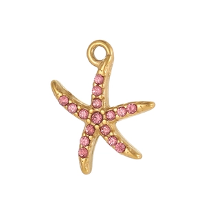 Close-up of a gold starfish pendant with pink crystals and integrated bail