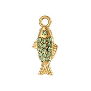 Detailed close-up of a golden fish pendant with micro-paved green sparkling rhinestones
