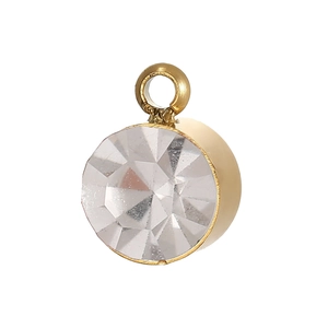 Macro shot of circular cubic zirconia pendant with polished gold stainless steel base