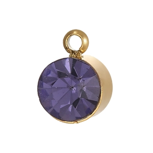 Close-up of a faceted purple December birthstone pendant with a gold-plated metal base