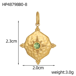 Detailed size map of gold oval birthstone pendant with hammer texture and green gem