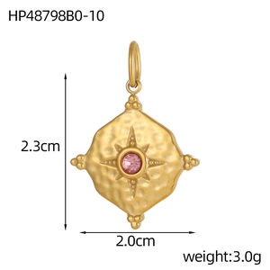Detailed size chart of gold stainless steel pendant with pink stone and 3.0g weight