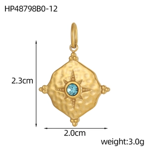 Detailed view of irregular oval gold pendant with light blue gemstone and dimensions