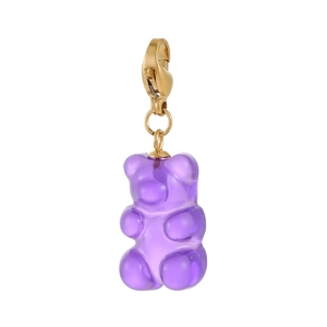 Macro detail of purple gummy bear pendant with golden lobster clasp for DIY jewelry