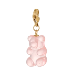 Detailed view of pink translucent resin gummy bear pendant with gold lobster clasp
