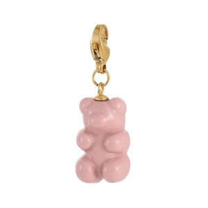 Close-up of pink gummy bear resin charm with golden lobster clasp on white background