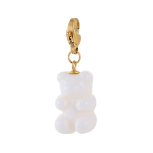 Macro detail of gummy bear pendant in pearl white resin with golden lobster clasp