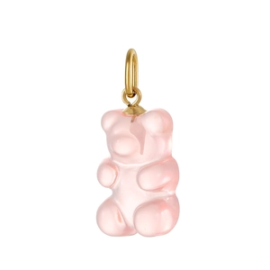 Pink resin gummy bear pendant with golden metal loop on a white background