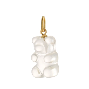 Cute translucent white resin bear pendant with gold ring on white background