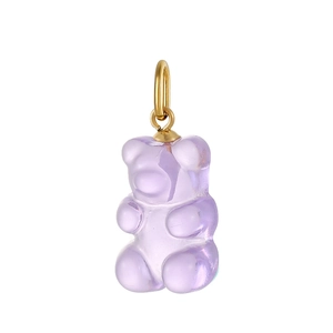 Cute lavender resin gummy bear pendant with golden metal ring on white background