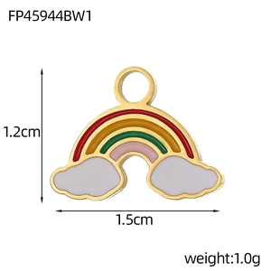 Rainbow enamel charm with white clouds and gold metal trim measuring 1.2 by 1.5 cm