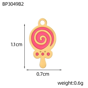 Detail of pink lollipop pendant with spiral texture and golden stainless steel edges