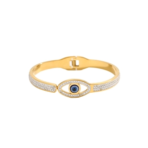 Luxury gold stainless steel evil eye bangle with sparkling zircon stones and enamel