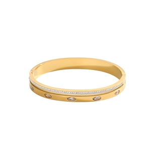 Minimalist gold-tone stainless steel hinged bracelet with double layers and crystals