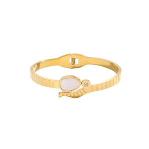 Golden snake-shaped stainless steel open bangle with shell inlay and zircon accent