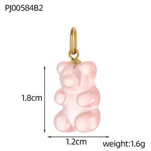 Detailed macro view showing a pink resin gummy bear pendant with precise dimensions