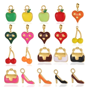 Colorful enamel charms set with heart, apple and handbag shapes in gold-plated steel