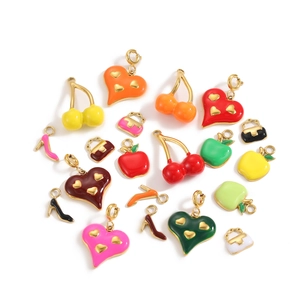 Colorful enamel heart, cherry, and handbag pendants in polished gold stainless steel