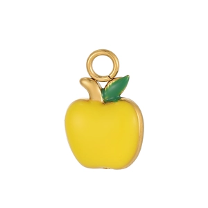 Macro view of a yellow apple pendant with green leaf detail and gold-plated metal loop