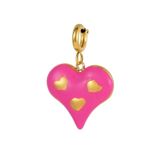 Close-up of a pink enamel heart charm with gold accents and a spring clasp for DIY jewelry