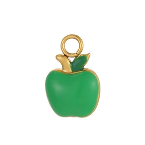 Green enamel apple pendant with gold trim and jump ring for DIY jewelry making