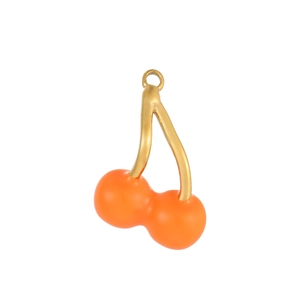 Detailed view of cherry pendant with orange enamel finish and gold plated stems
