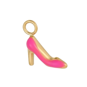 Detailed macro view of rose pink enamel high heel pendant with golden metal ring