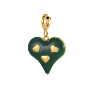 Vintage green enamel heart charm with gold heart relief and circular clasp for necklaces