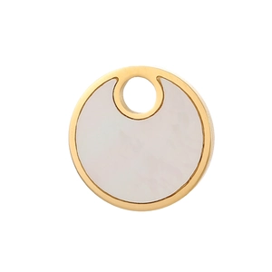 Macro-opname van de vergulde ronde hanger met witte parelmoer textuur inlegwerk