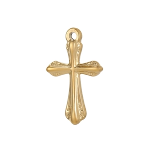 Polished gold stainless steel cross pendant with detailed 3D curves and round bail loop