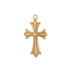 Polished gold budded cross pendant made of stainless steel with a minimalist vintage design