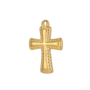 Polished gold stainless steel cross pendant with vintage embossed texture for DIY jewelry