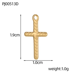 Detailed view of 1.9cm gold stainless steel cross pendant with twisted texture and dimensions