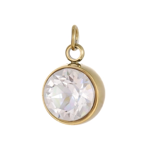 Primer plano del colgante redondo dorado con cristal transparente tallado y enganche